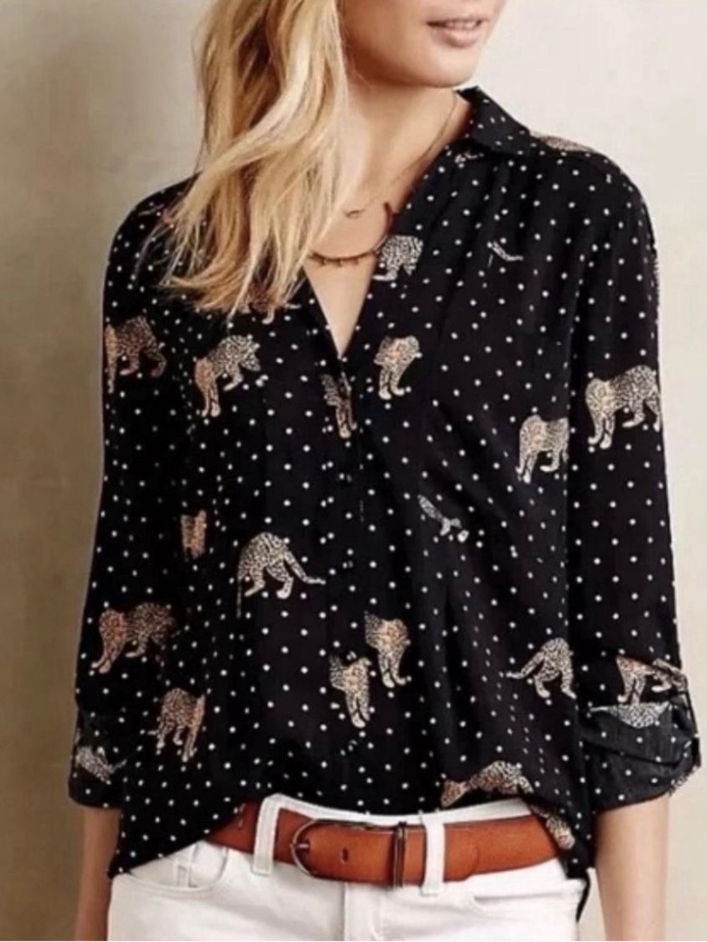 Anthropologie Maeve Leopard Cheetah Polka Dot Button Down Blouse Black Tan 6